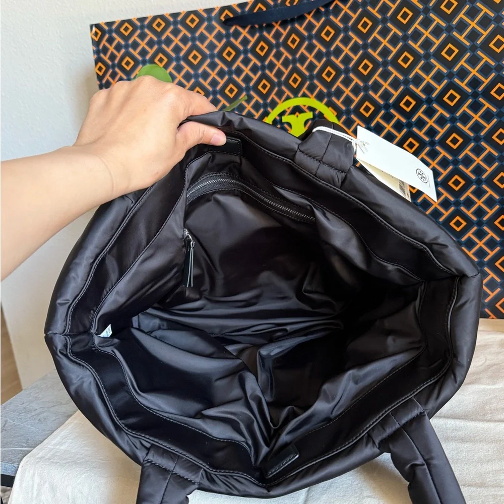 NWT Tory Burch 167626 Britten Nylon Puffy Tote Black Silver Logo Bag - Picture 8 of 12